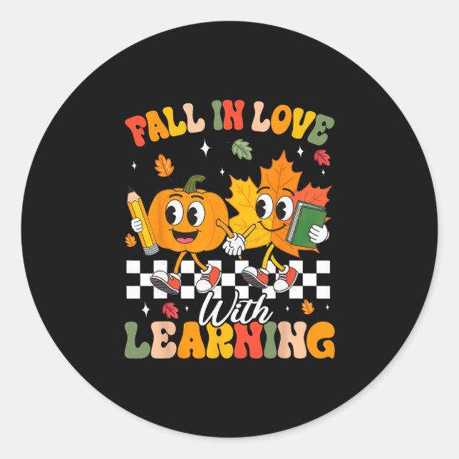 Retro Fall In Love With Learning Autumn Leaf Pumpk Classic Round Sticker (Front)