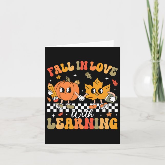 Retro Fall In Love With Learning Autumn Pumpkin Te Card (Front)