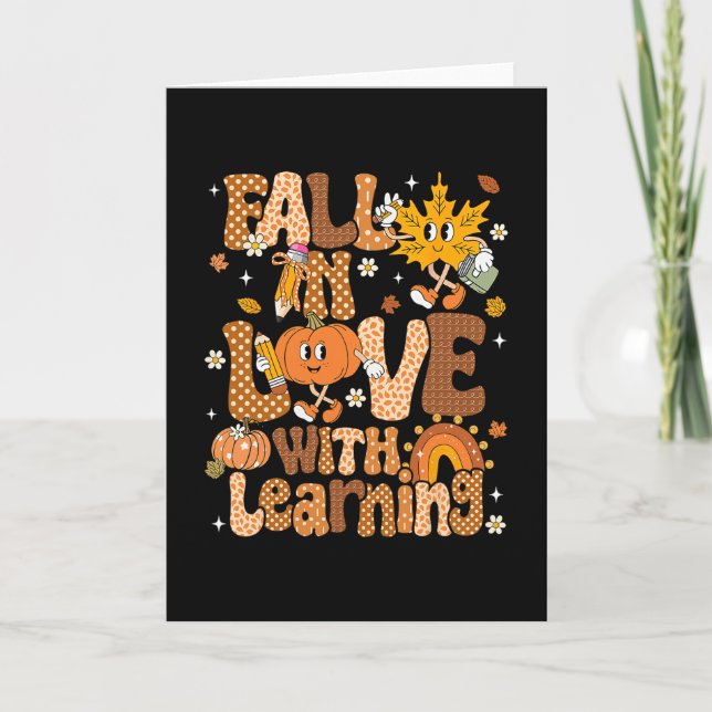 Retro Fall In Love With Learning Autumn Pumpkin Te Card (Front)