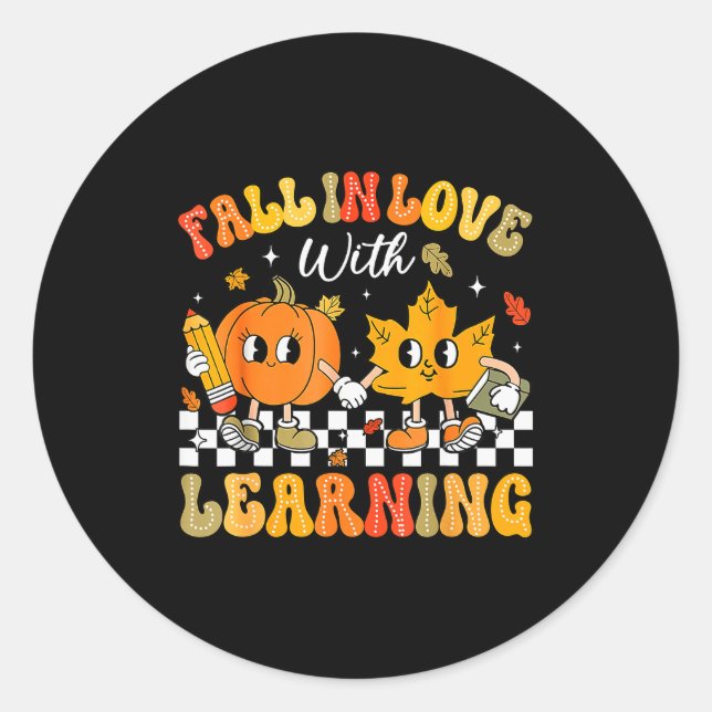 Retro Fall In Love With Learning Autumn Pumpkin Te Classic Round Sticker (Front)