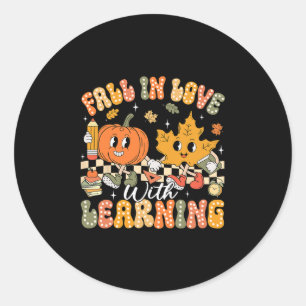 Retro Fall In Love With Learning Autumn Pumpkin Te Classic Round Sticker