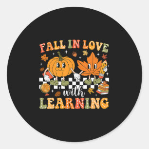 Retro Fall In Love With Learning Autumn Pumpkin Te Classic Round Sticker