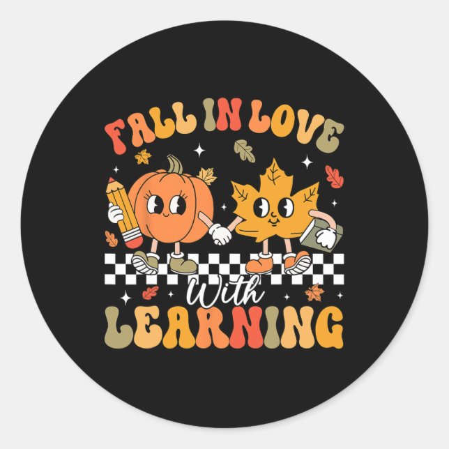 Retro Fall In Love With Learning Autumn Pumpkin Te Classic Round Sticker (Front)