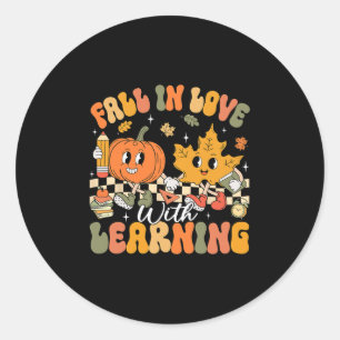 Retro Fall In Love With Learning Autumn Pumpkin Te Classic Round Sticker