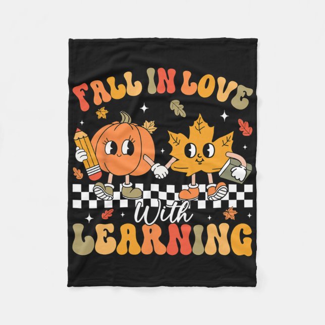 Retro Fall In Love With Learning Autumn Pumpkin Te Fleece Blanket (Front)