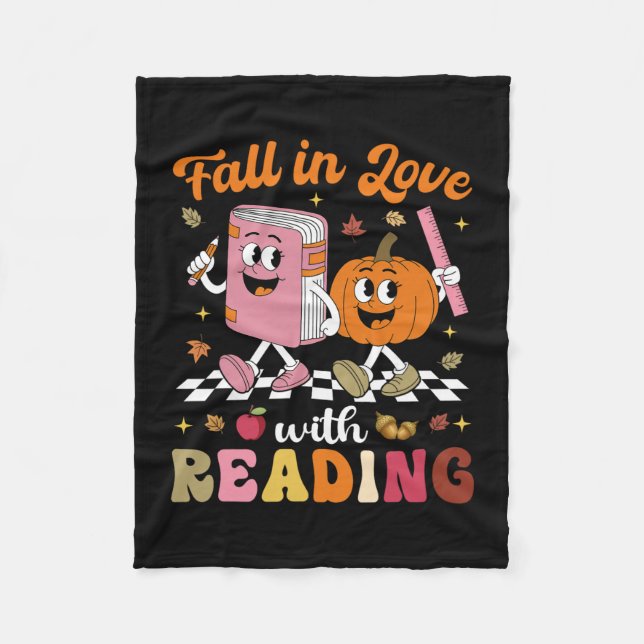 Retro Fall In Love With Learning Pumpkin Autumn Te Fleece Blanket (Front)