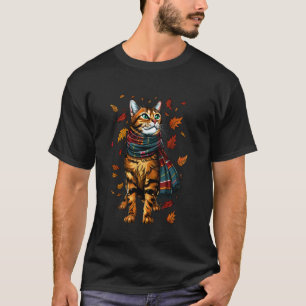 Retro Fall Leaves Bengal Cat Autumn Season Thanksg T-Shirt