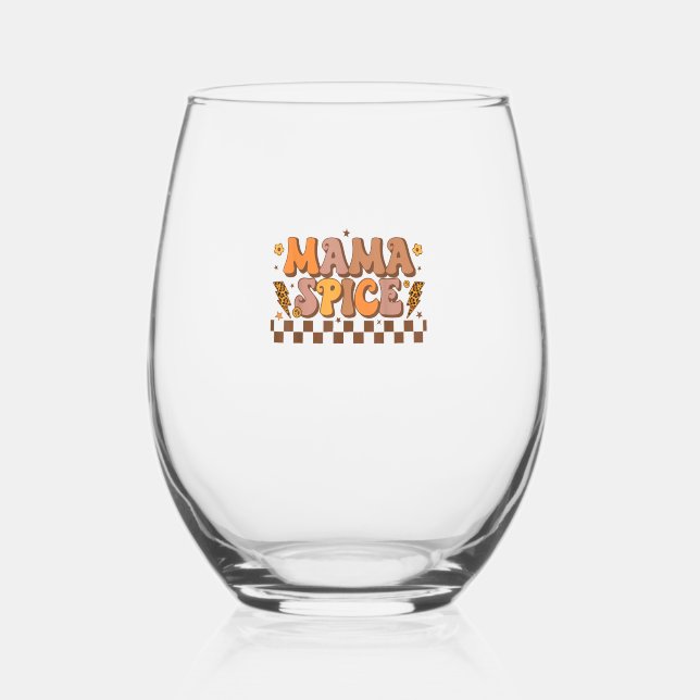 Retro Fall Pumpkin Autumn Thanksgiving Family Mama Stemless Wine Glass (Front)