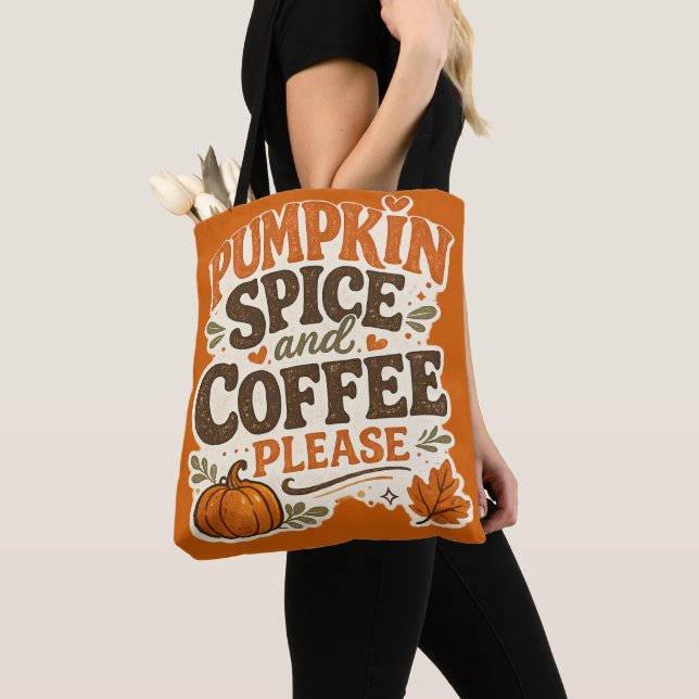 Retro Fall Pumpkin Spice and Coffee Please Tote Bag (Close Up)