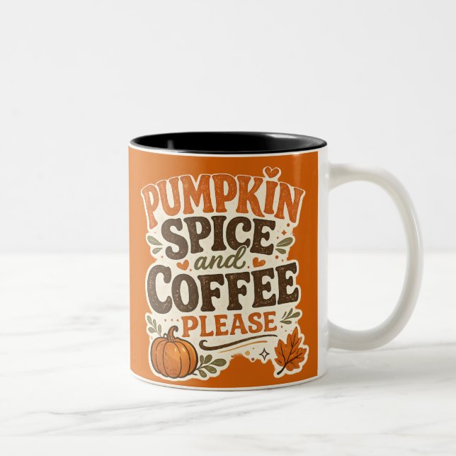 Retro Fall Pumpkin Spice and Coffee Please Two-Tone Coffee Mug (Right)