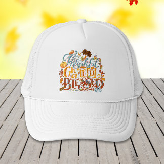 Retro Fall Thankful Grateful Blessed Typography Trucker Hat