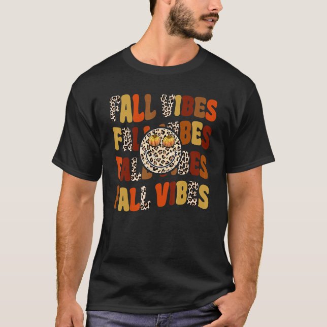 Retro Fall Vibes  Happy Face Leopard Pattern Trend T-Shirt (Front)