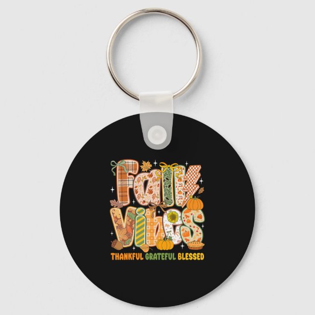 Retro Fall Vibes Thankful Grateful Blessed Autumn  Key Ring (Front)