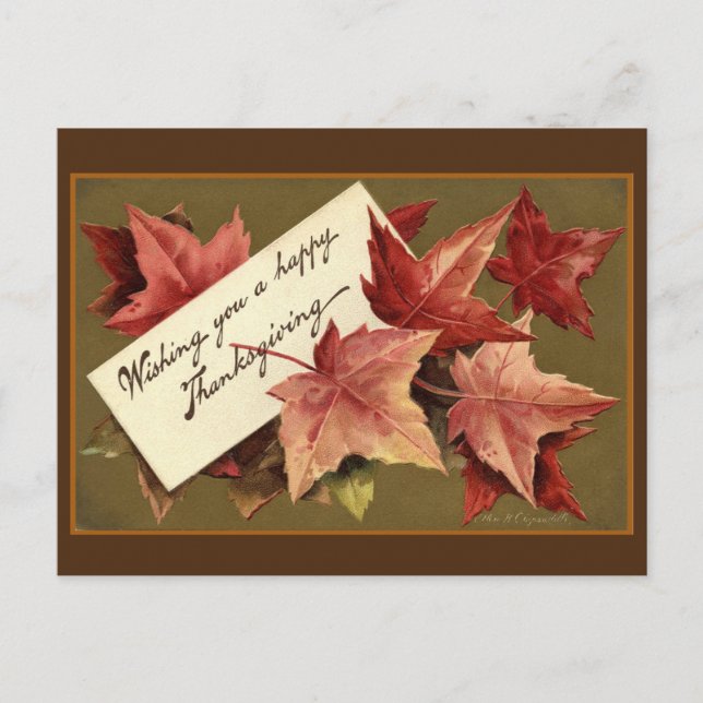 Retro Fallen Leaves Happy Thanksgiving Greeting Holiday Postcard (Front)