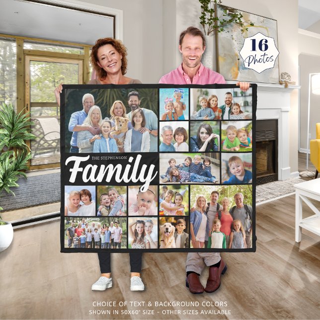 Retro FAMILY 16 Photo Collage Custom Colours Fleece Blanket (Creator Uploaded)