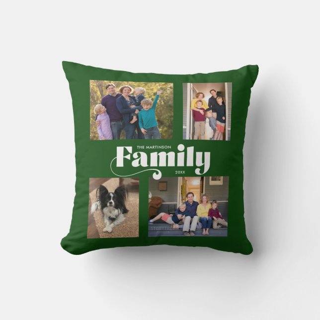 Retro Family 4 Photo Collage Dark Green Cushion (Front)