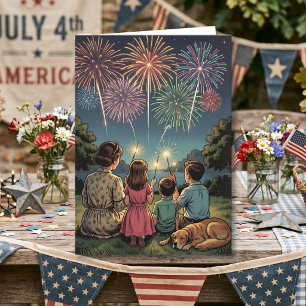 Retro Family and Dog Happy Fourth of July Card