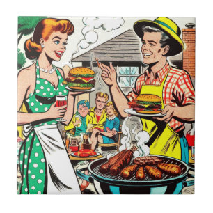Retro Family Barbecue Comics Illustration Ceramic Tile