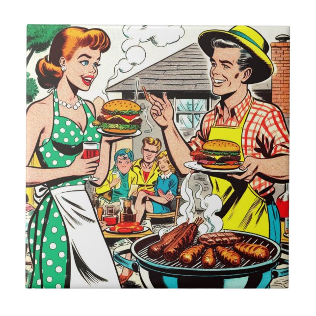 Retro Family Barbecue Comics Illustration Ceramic Tile (Front)