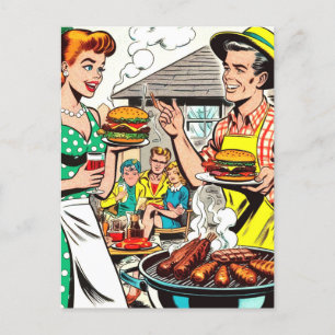 Retro Family Barbecue Comics Illustration Postcard