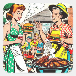 Retro Family Barbecue Comics Illustration Square Sticker