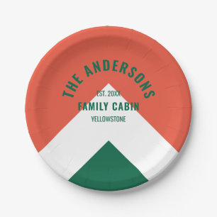 Retro Family Cabin Personalised Name Green Red Paper Plate