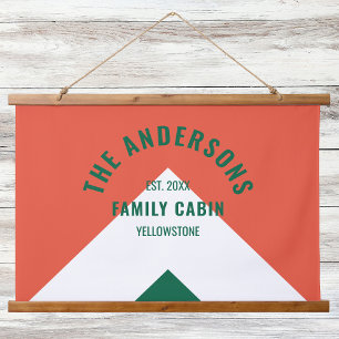 Retro Family Cabin Personalised Name Red Green Hanging Tapestry
