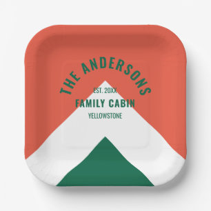 Retro Family Cabin Personalised Name Red Green Paper Plate