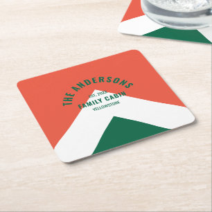 Retro Family Cabin Personalised Name Red Green  Square Paper Coaster