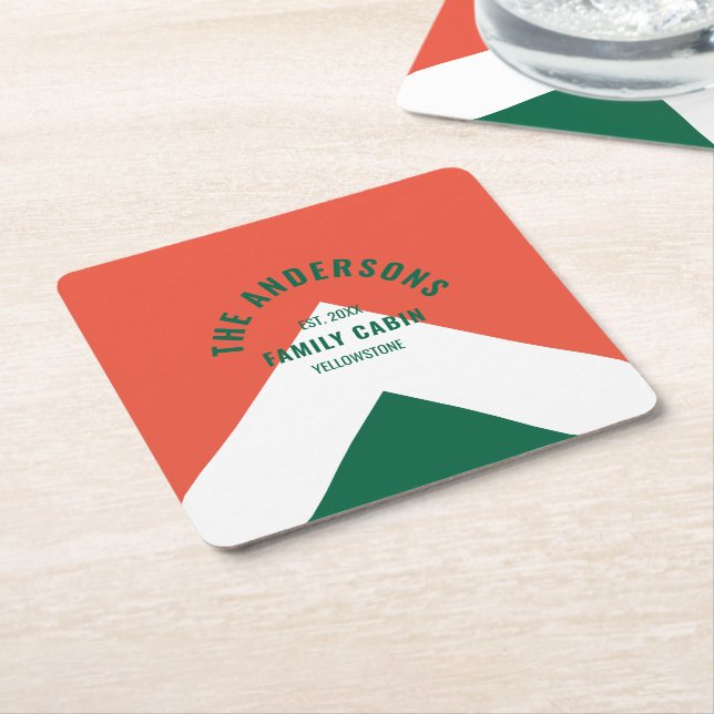 Retro Family Cabin Personalised Name Red Green  Square Paper Coaster (Angled)