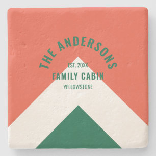Retro Family Cabin Personalised Name Red Green  Stone Coaster