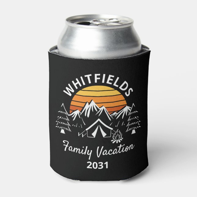 Retro Family Camping Vacation Custom Name Can Cooler (Can Front)
