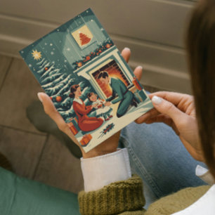 Retro Family Christmas by the Fireplace Holiday Card