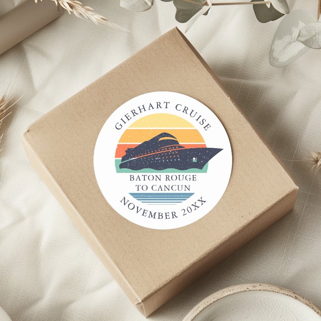 Retro Family Cruise Trip Personalised Classic Round Sticker (Modern Nautical Cruise Ship Classic Round Sticker)