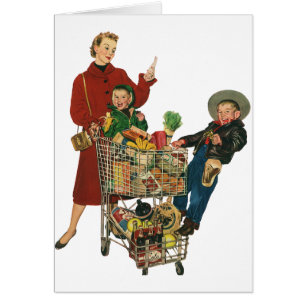 Retro Family, Mum and Kids, Cart Grocery Shopping