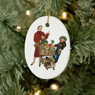 Retro Family, Mum and Kids, Cart Grocery Shopping Ceramic Ornament