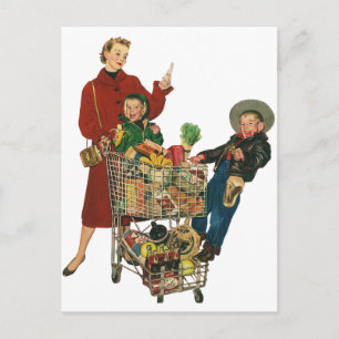 Retro Family, Mum and Kids, Cart Grocery Shopping Postcard