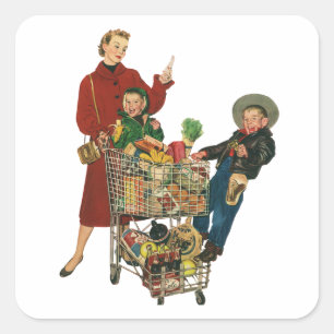 Retro Family, Mum and Kids, Cart Grocery Shopping Square Sticker