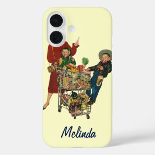 Retro Family, Mum and Kids Grocery Shopping Cart iPhone 16 Case