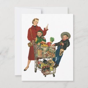 Retro Family, Mum and Kids Grocery Shopping Cart Invitation