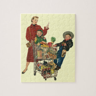 Retro Family, Mum and Kids Grocery Shopping Cart Jigsaw Puzzle