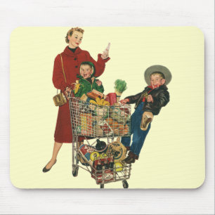 Retro Family, Mum and Kids Grocery Shopping Cart Mouse Pad