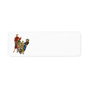 Retro Family, Mum and Kids Grocery Shopping Cart Return Address Label