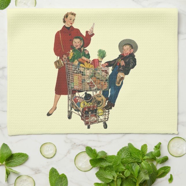 Retro Family, Mum and Kids Grocery Shopping Cart Tea Towel (Folded)