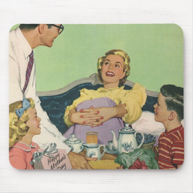 Retro Family Serves Mom Breakfast in Bed Mouse Pad (Front)