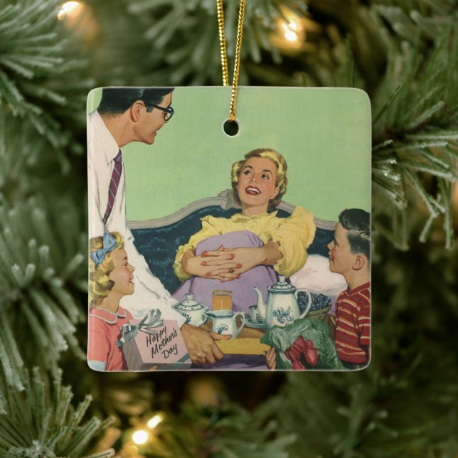 Retro Family Serves Mum Breakfast in Bed Ceramic Ornament (Tree)