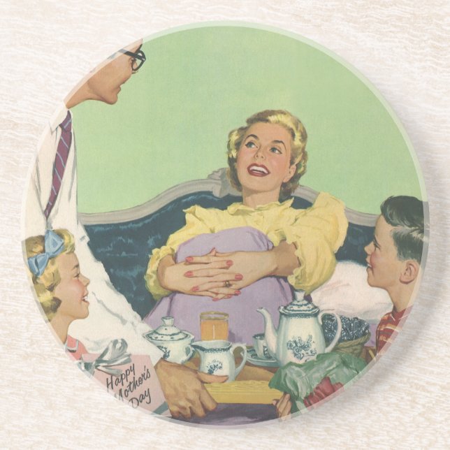 Retro Family Serves Mum Breakfast in Bed Coaster (Front)
