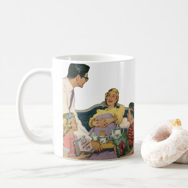 Retro Family Serves Mum Breakfast in Bed Coffee Mug (With Donut)