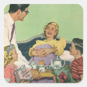 Retro Family Serves Mum Breakfast in Bed Square Sticker