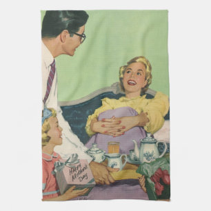 Retro Family Serves Mum Breakfast in Bed Tea Towel